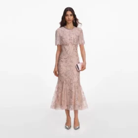Pink Embellished Cape Midi Dress