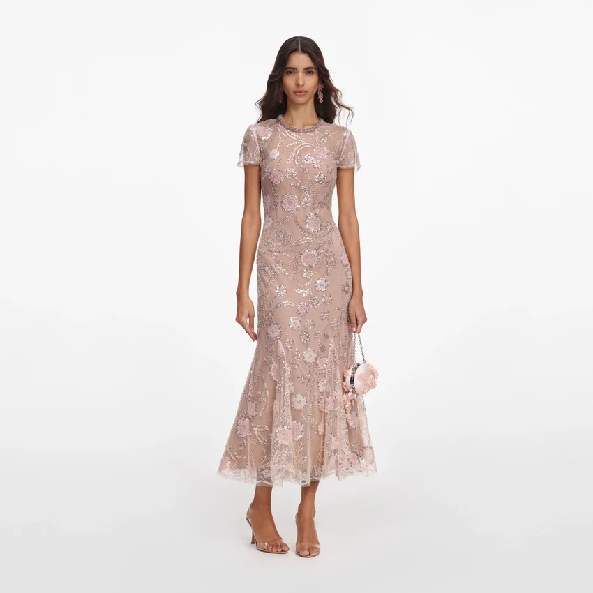 Pink Flower Sequin Embellished Midi Dress Pink Flower Sequin Embellished Midi Dress