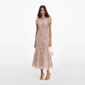 Pink Flower Sequin Embellished Midi Dress
