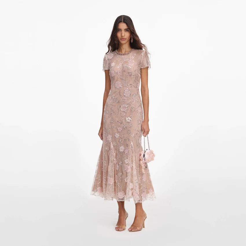 Pink Flower Sequin Embellished Midi Dress Pink Flower Sequin Embellished Midi Dress