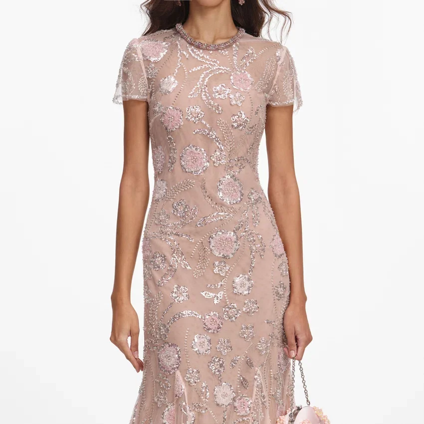 Pink Flower Sequin Embellished Midi Dress Pink Flower Sequin Embellished Midi Dress