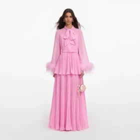 Pink Georgette Feather Cuff Maxi Dress