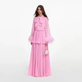 Pink Georgette Feather Cuff Maxi Dress