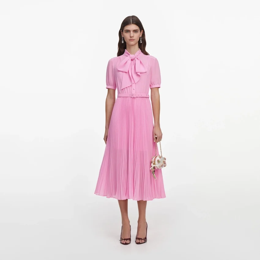Pink Georgette Tie Neck Midi Dress Pink Georgette Tie Neck Midi Dress