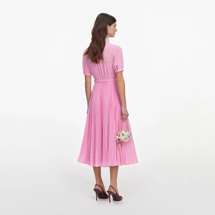 Pink Georgette Tie Neck Midi Dress Pink Georgette Tie Neck Midi Dress