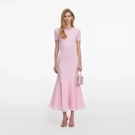 Pink Knit Lace Insert Midi Dress