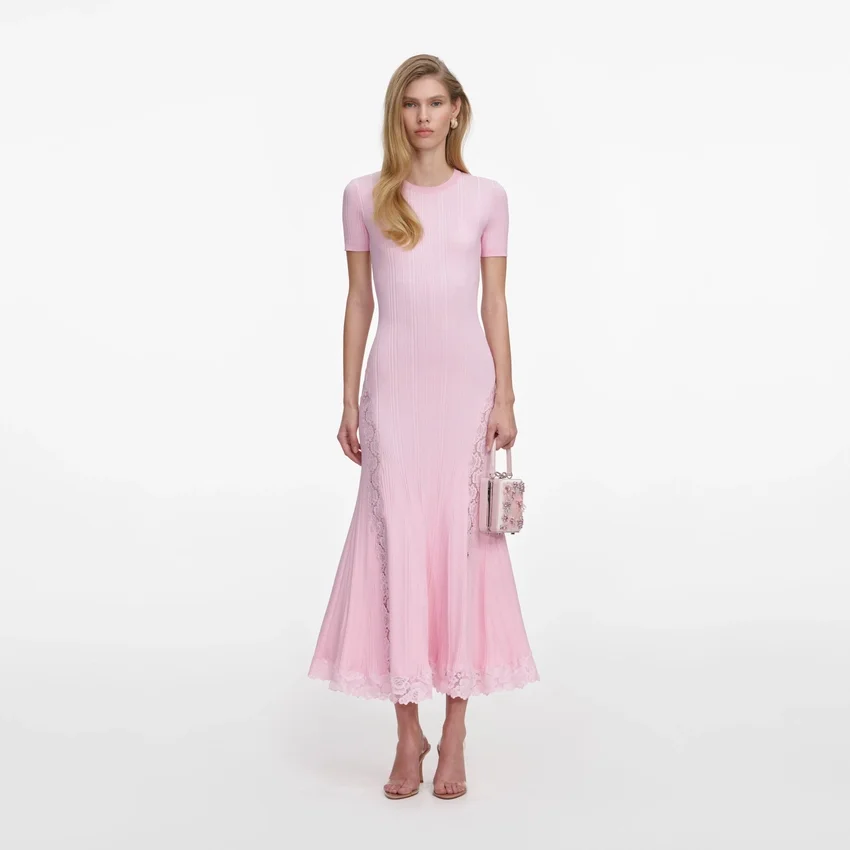 Pink Knit Lace Insert Midi Dress Pink Knit Lace Insert Midi Dress