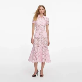 Pink Lace Collared Midi Dress