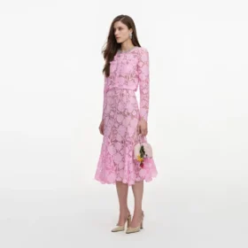 Pink Lace Crystal Embellished Midi Dress