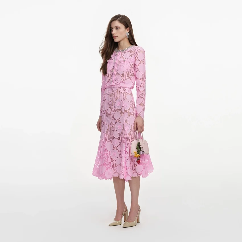 Pink Lace Crystal Embellished Midi Dress Pink Lace Crystal Embellished Midi Dress