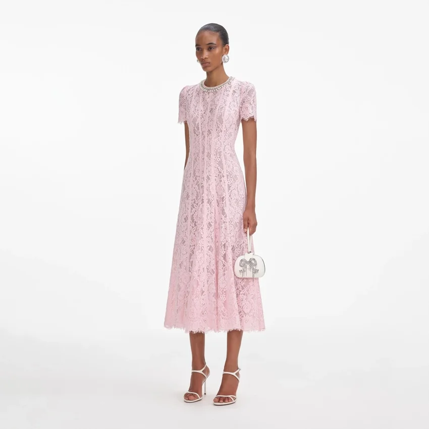 Pink Lace Embellished Midi Dress Pink Lace Embellished Midi Dress