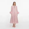 Pink Metallic Chiffon Feather Midi Dress