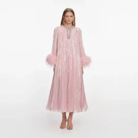 Pink Metallic Chiffon Feather Midi Dress