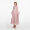 Pink Metallic Chiffon Feather Midi Dress