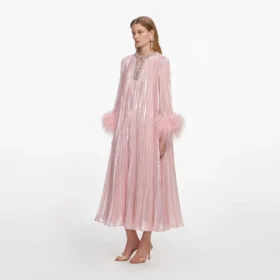 Pink Metallic Chiffon Feather Midi Dress