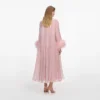 Pink Metallic Chiffon Feather Midi Dress