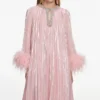 Pink Metallic Chiffon Feather Midi Dress