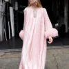 Pink Metallic Chiffon Feather Midi Dress