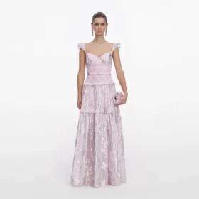 Pink Metallic Chiffon Flower Maxi Dress