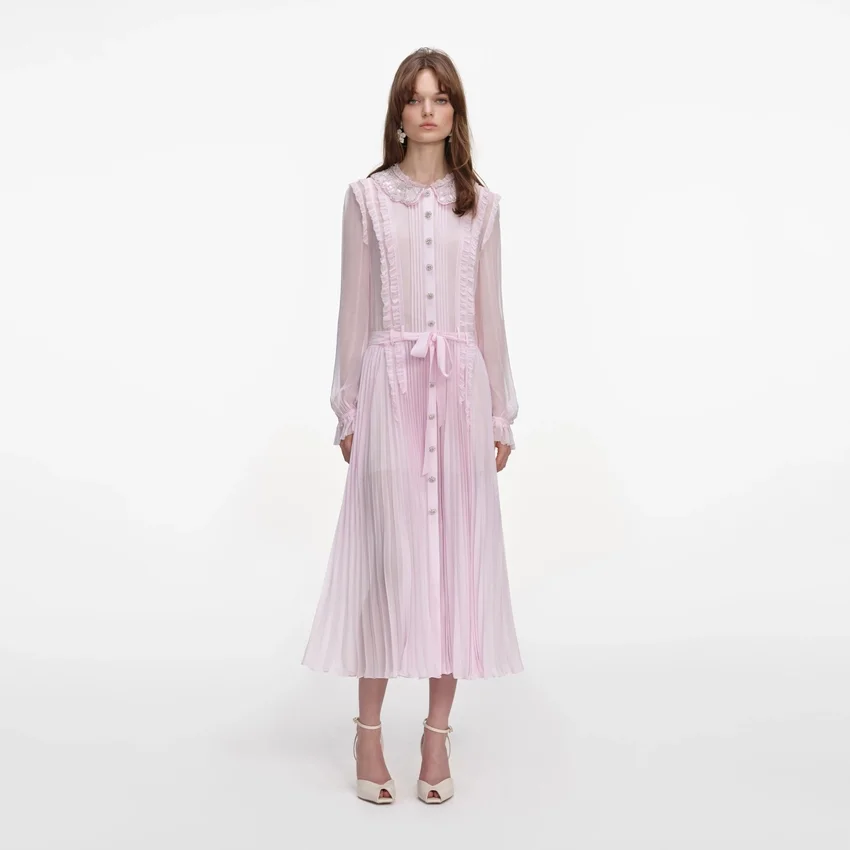 Pink Pleated Georgette Midi Dress Pink Pleated Georgette Midi Dress