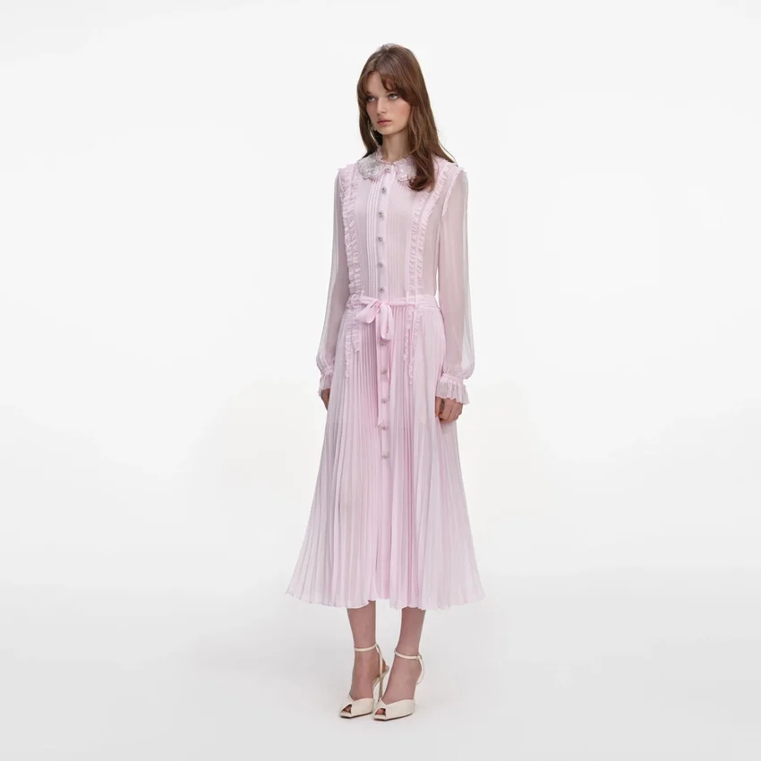 Pink Pleated Georgette Midi Dress Pink Pleated Georgette Midi Dress