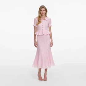 Pink Pointelle Peplum Knit Midi Dress