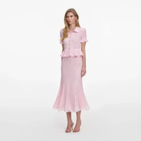 Pink Pointelle Peplum Knit Midi Dress