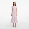Pink Rhinestone Lace Asymmetric Midi Dress