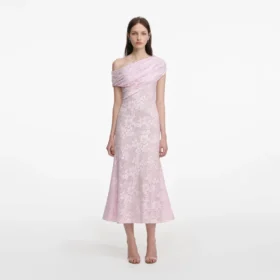 Pink Rhinestone Lace Asymmetric Midi Dress