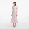 Pink Rhinestone Lace Asymmetric Midi Dress