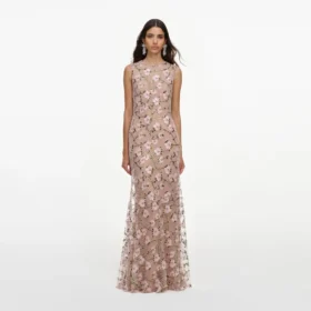 Pink Rhinestone Sequin Mesh Maxi Dress