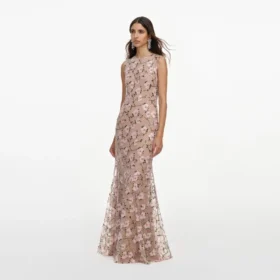 Pink Rhinestone Sequin Mesh Maxi Dress
