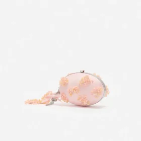 Pink Satin Floral Beaded Oval Clutch