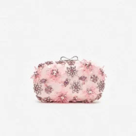 Pink Satin Floral Crystal Clutch