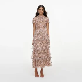Pink Sequin Embellished Tiered Midi Dress