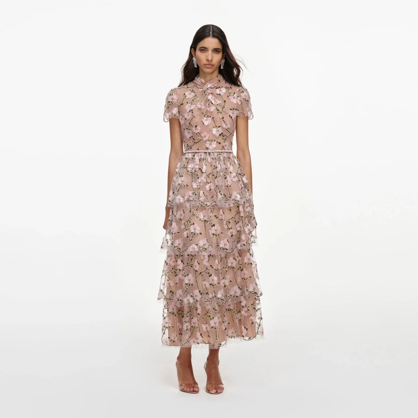 Pink Sequin Embellished Tiered Midi Dress Pink Sequin Embellished Tiered Midi Dress