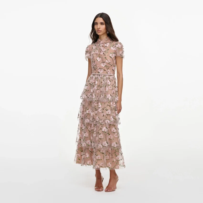 Pink Sequin Embellished Tiered Midi Dress Pink Sequin Embellished Tiered Midi Dress