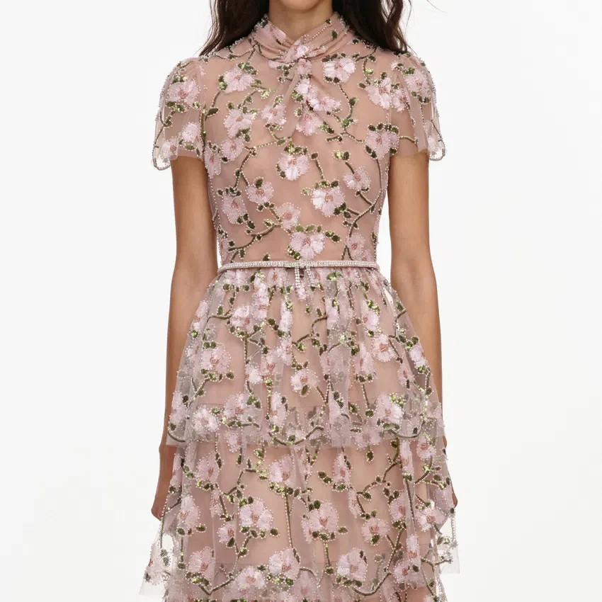 Pink Sequin Embellished Tiered Midi Dress Pink Sequin Embellished Tiered Midi Dress