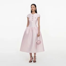 Pink Taffeta Buttoned Midi Dress