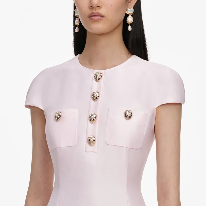 Pink Taffeta Buttoned Midi Dress Pink Taffeta Buttoned Midi Dress