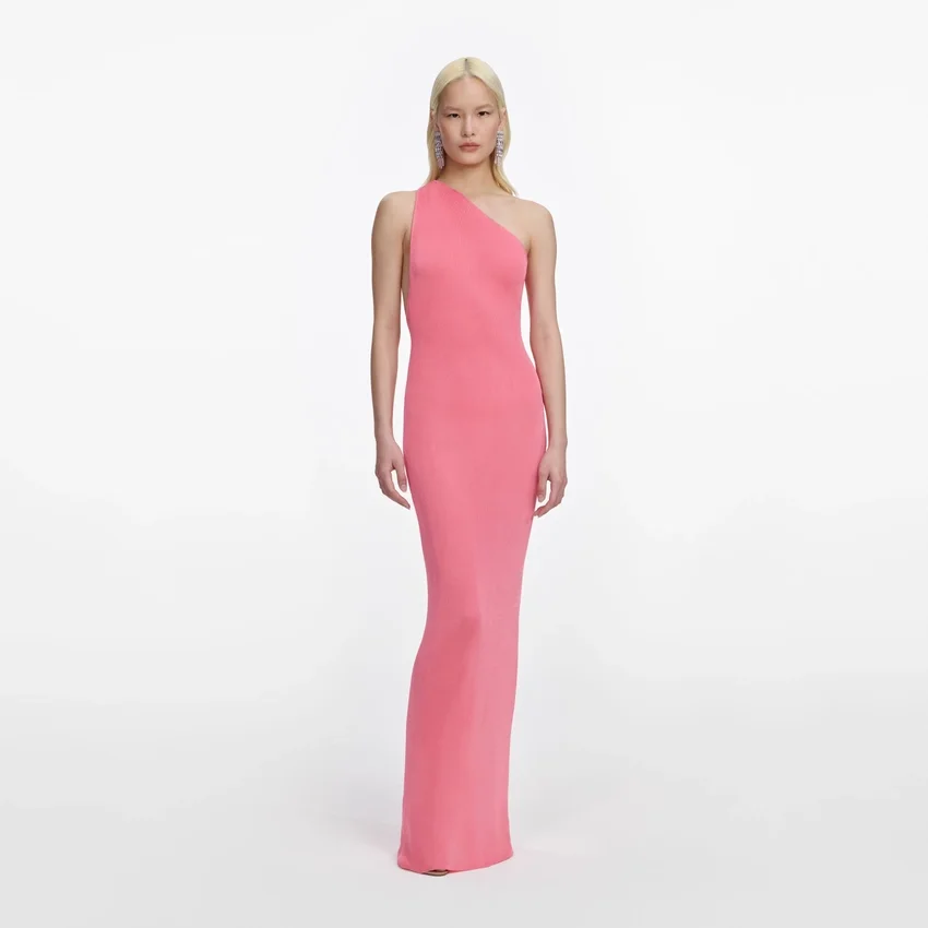 Pink Viscose Knit One Shoulder Maxi Dress Pink Viscose Knit One Shoulder Maxi Dress