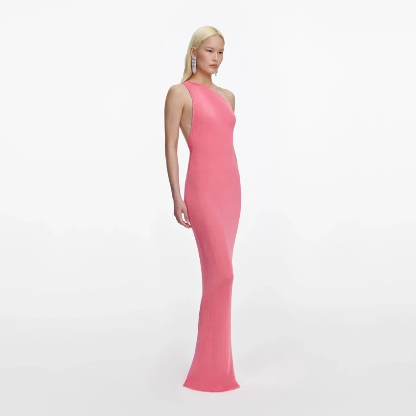 Pink Viscose Knit One Shoulder Maxi Dress Pink Viscose Knit One Shoulder Maxi Dress