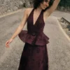 Plum Linen Blend Peplum Midi Dress Plum Linen Blend Peplum Midi Dress