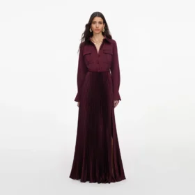 Plum Satin Pleated Maxi Dress