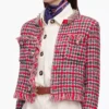 Red Check Frayed Knit Jacket