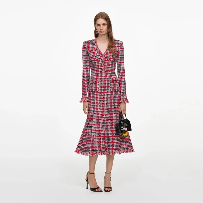 Red Check Frayed Knit Midi Dress Red Check Frayed Knit Midi Dress