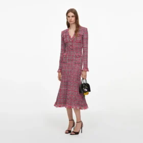 Red Check Frayed Knit Midi Dress