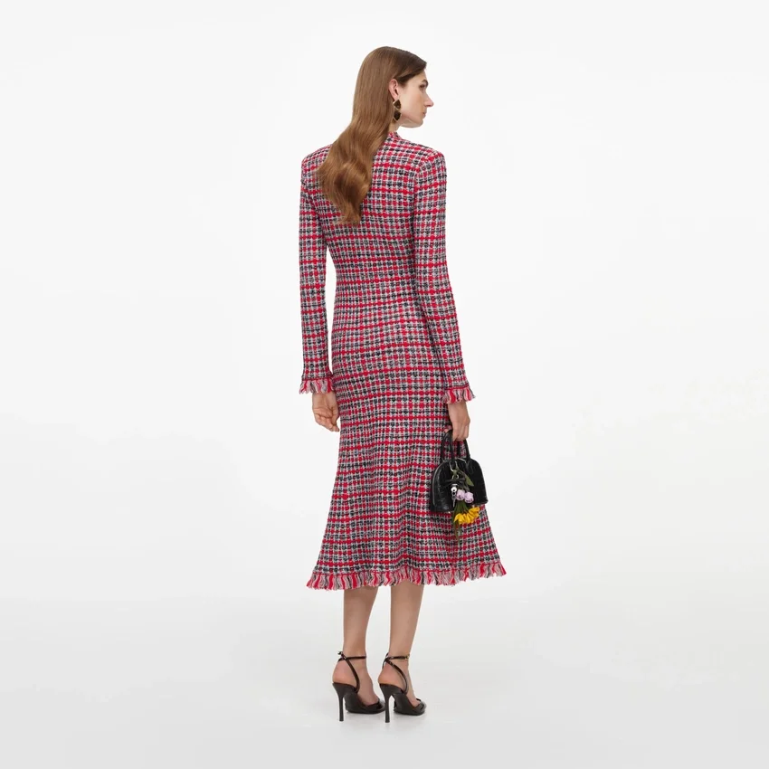 Red Check Frayed Knit Midi Dress Red Check Frayed Knit Midi Dress