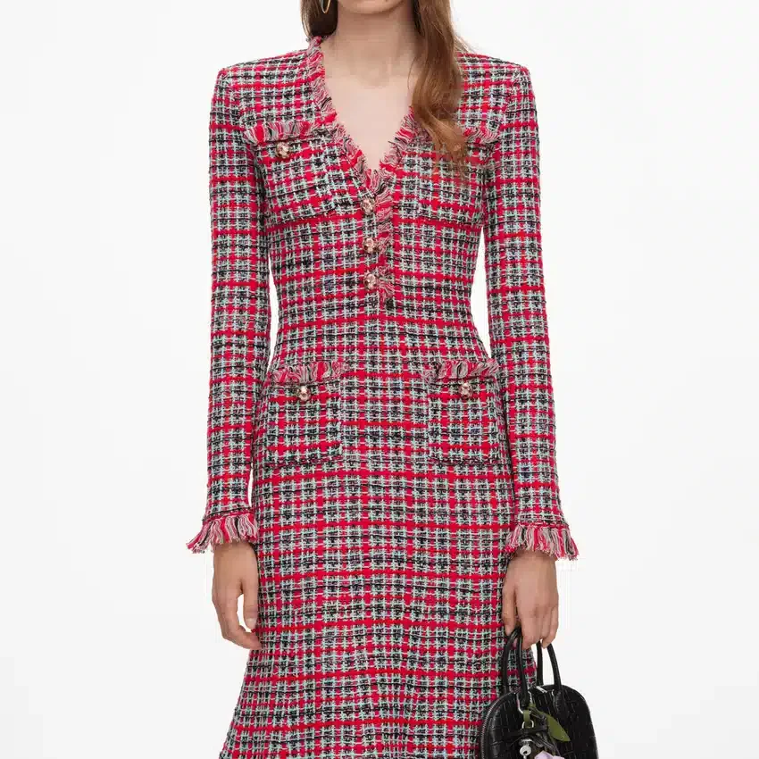 Red Check Frayed Knit Midi Dress Red Check Frayed Knit Midi Dress