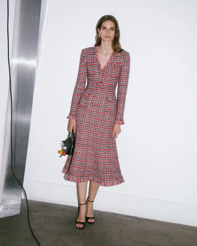 Red Check Frayed Knit Midi Dress Red Check Frayed Knit Midi Dress